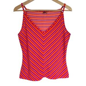 Vintage Guess Colourful Striped Stretch V-Neck Cami Top Sunset Orange Pink XL